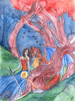 Spring 2012. This was a painting for my friend, Kaitlyn. She wanted to be next to the Pokemon creature, Charizard. That lovely line running through the middle is due to the fact that my scanner is too small for my paintings and I have to scan them in two pieces.